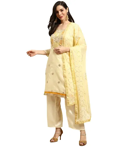 Elegant Chanderi Silk Embroidered Dress Material with Dupatta For Women