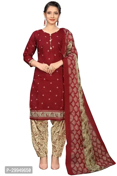 Stylish Maroon Cotton Blend Kurta, Bottom And Dupatta Set For Women-thumb0