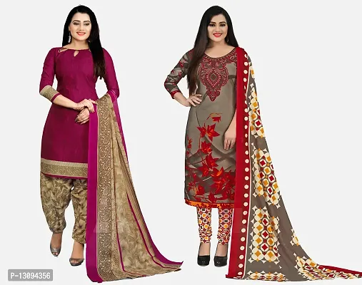 Elegant Multicoloured Cotton Printed Dress Material With Dupatta For Women Pack Of 2