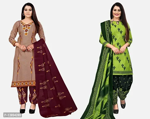 Elegant Multicoloured Cotton Printed Dress Material With Dupatta For Women Pack Of 2-thumb0