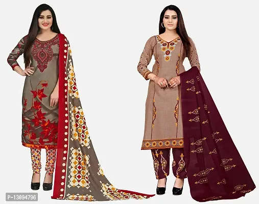 Elegant Multicoloured Cotton Printed Dress Material With Dupatta For Women Pack Of 2