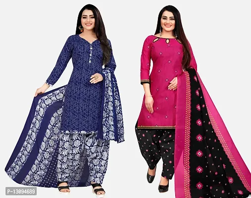 Elegant Multicoloured Cotton Printed Dress Material With Dupatta For Women Pack Of 2