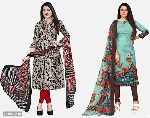 Elegant Multicoloured Cotton Printed Dress Material With Dupatta For Women Pack Of 2