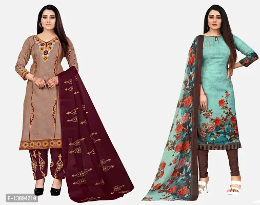 Elegant Multicoloured Cotton Printed Dress Material With Dupatta For Women Pack Of 2