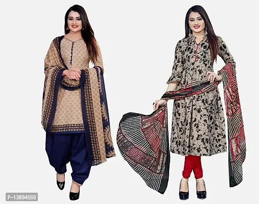 Elegant Multicoloured Cotton Printed Dress Material With Dupatta For Women Pack Of 2