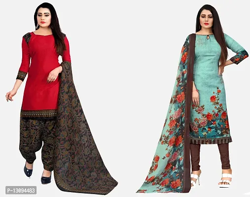 Elegant Multicoloured Cotton Printed Dress Material With Dupatta For Women Pack Of 2
