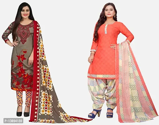 Elegant Multicoloured Cotton Printed Dress Material With Dupatta For Women Pack Of 2