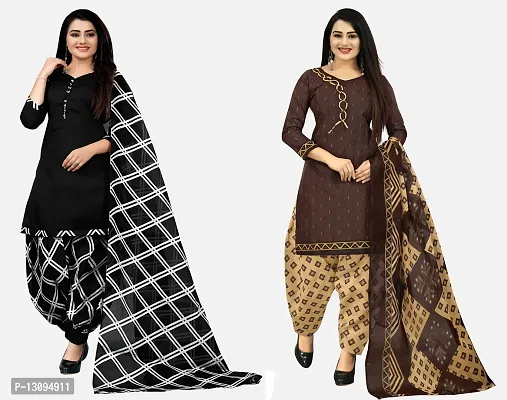 Elegant Multicoloured Cotton Printed Dress Material With Dupatta For Women Pack Of 2