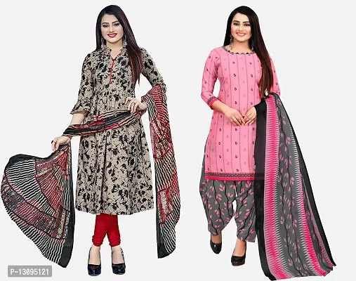 Elegant Multicoloured Cotton Printed Dress Material With Dupatta For Women Pack Of 2-thumb0