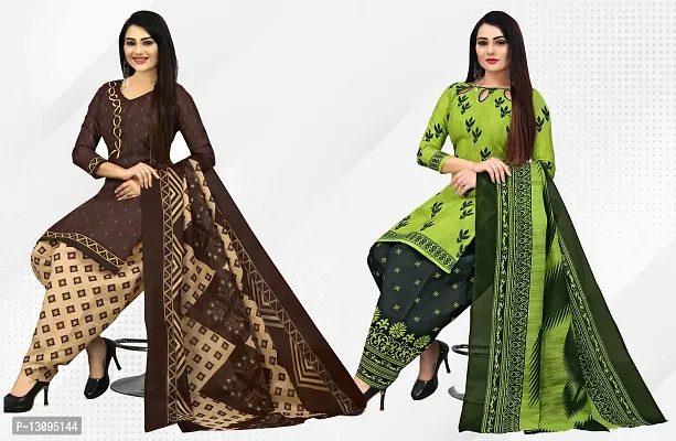 Elegant Multicoloured Cotton Printed Dress Material With Dupatta For Women Pack Of 2