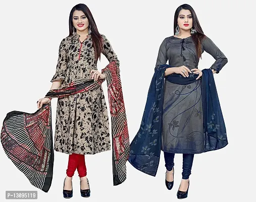 Elegant Multicoloured Cotton Printed Dress Material With Dupatta For Women Pack Of 2