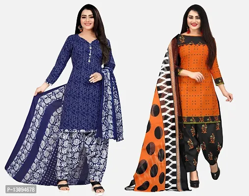 Elegant Multicoloured Cotton Printed Dress Material With Dupatta For Women Pack Of 2