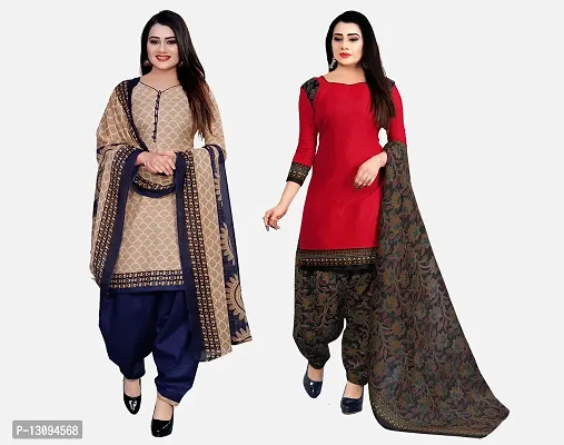 Elegant Multicoloured Cotton Printed Dress Material With Dupatta For Women Pack Of 2