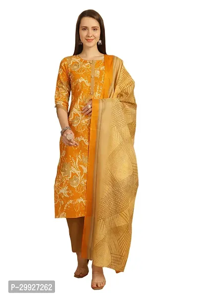 Stylish Orange Printed Cotton Blend Kurta Pant With Dupatta For Women-thumb0