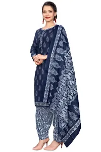 Stylish Navy Blue Cotton Blend Kurta, Bottom And Dupatta Set For Women-thumb1