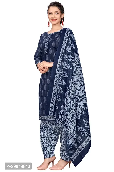 Stylish Navy Blue Cotton Blend Kurta, Bottom And Dupatta Set For Women-thumb2