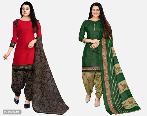 Elegant Multicoloured Cotton Printed Dress Material With Dupatta For Women Pack Of 2