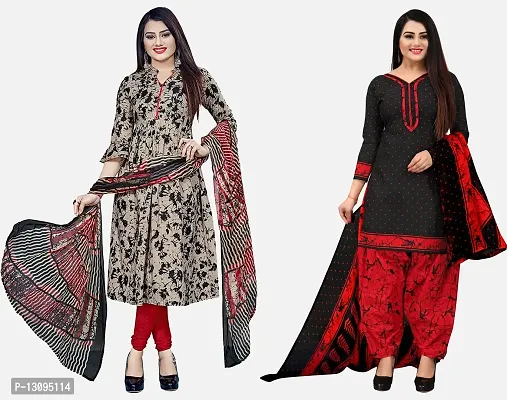 Elegant Multicoloured Cotton Printed Dress Material With Dupatta For Women Pack Of 2