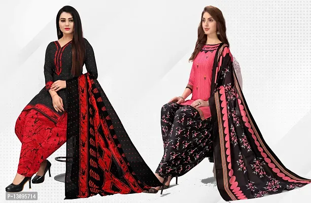 Elegant Multicoloured Cotton Printed Dress Material With Dupatta For Women Pack Of 2