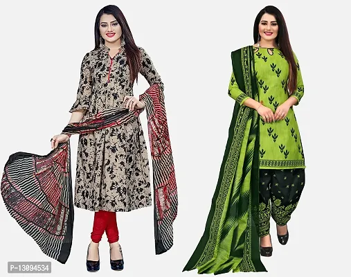 Elegant Multicoloured Cotton Printed Dress Material With Dupatta For Women Pack Of 2