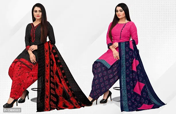 Elegant Multicoloured Cotton Printed Dress Material With Dupatta For Women Pack Of 2