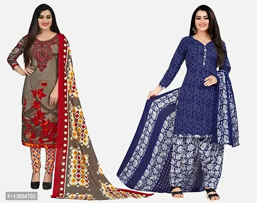 Elegant Multicoloured Cotton Printed Dress Material With Dupatta For Women Pack Of 2