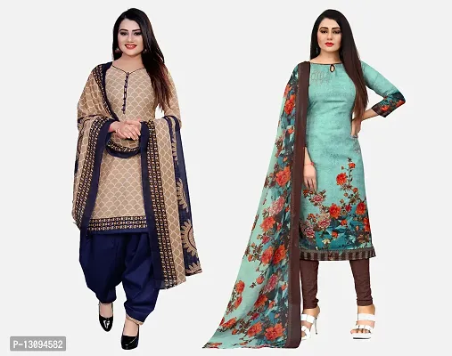 Elegant Multicoloured Cotton Printed Dress Material With Dupatta For Women Pack Of 2