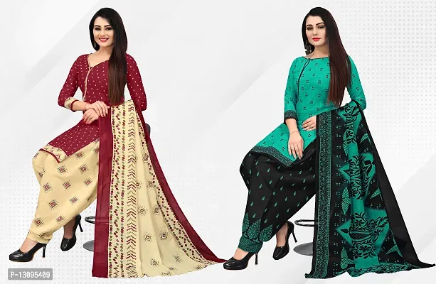 Elegant Multicoloured Cotton Printed Dress Material With Dupatta For Women Pack Of 2-thumb0