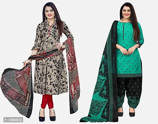 Elegant Multicoloured Cotton Printed Dress Material with Dupatta For Women Pack Of 2