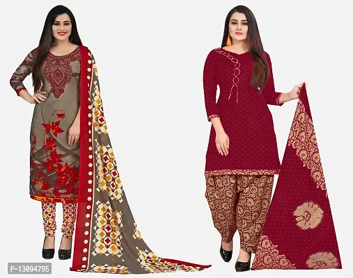 Elegant Multicoloured Cotton Printed Dress Material With Dupatta For Women Pack Of 2