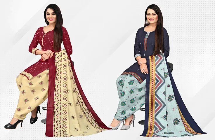 Stylish Cotton Unstitched Dress Material Top With Bottom Wear And Dupatta Set Combo of 2