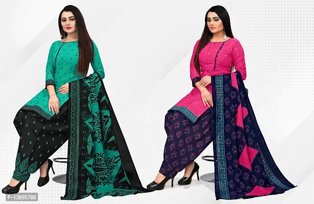 Elegant Multicoloured Cotton Printed Dress Material With Dupatta For Women Pack Of 2