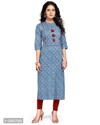 Stylish Blue Printed Cambric Cotton Kurta For Women