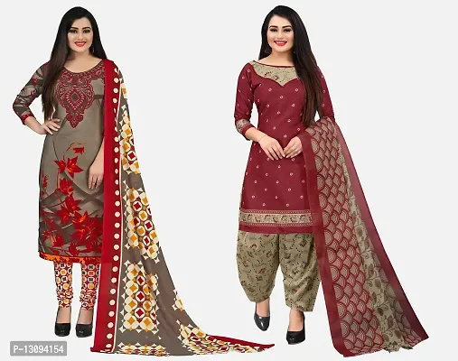 Elegant Multicoloured Cotton Printed Dress Material With Dupatta For Women Pack Of 2