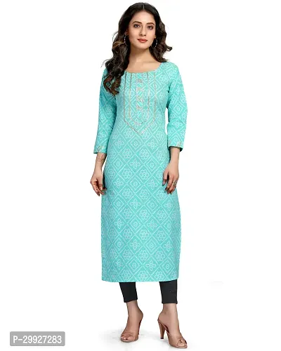 Stylish Turquoise Printed Cambric Cotton Kurta For Women-thumb0