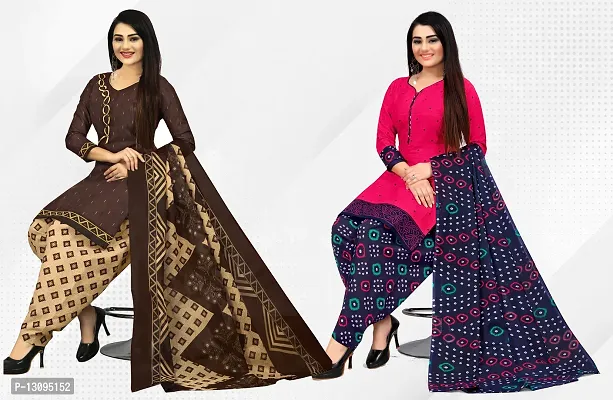 Elegant Multicoloured Cotton Printed Dress Material With Dupatta For Women Pack Of 2-thumb0