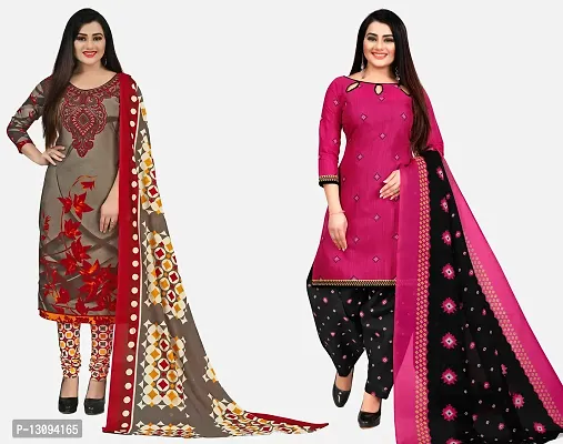 Elegant Multicoloured Cotton Printed Dress Material With Dupatta For Women Pack Of 2-thumb0