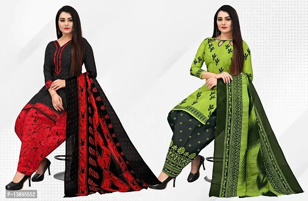 Elegant Multicoloured Cotton Printed Dress Material With Dupatta For Women Pack Of 2