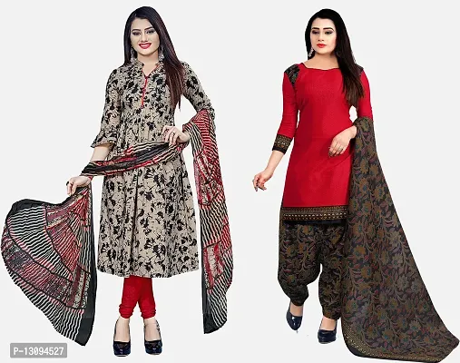 Elegant Multicoloured Cotton Printed Dress Material With Dupatta For Women Pack Of 2