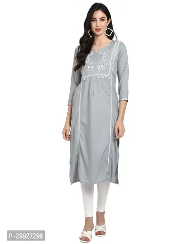 Stylish Grey Embroidered Rayon Slub Kurta For Women-thumb0