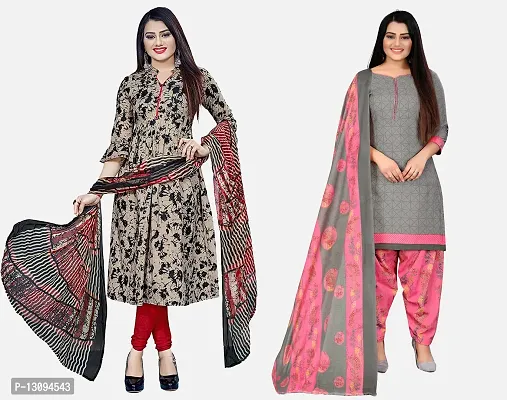 Elegant Multicoloured Cotton Printed Dress Material With Dupatta For Women Pack Of 2