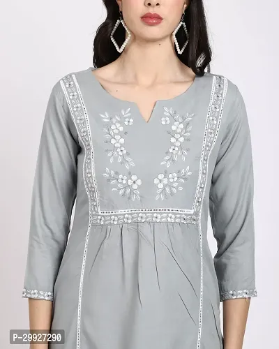 Stylish Grey Embroidered Rayon Slub Kurta For Women-thumb3