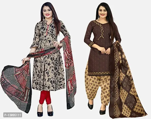 Elegant Multicoloured Cotton Printed Dress Material With Dupatta For Women Pack Of 2-thumb0