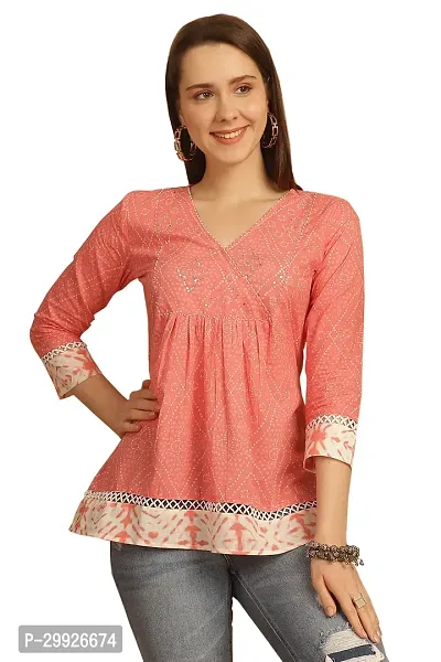 Elegant Peach Pure Cotton Printed Top For Women