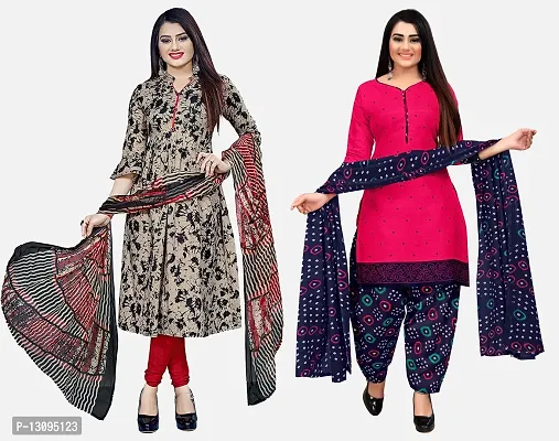 Elegant Multicoloured Cotton Printed Dress Material With Dupatta For Women Pack Of 2-thumb0