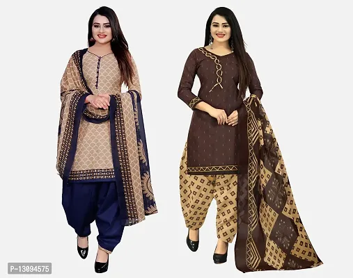 Elegant Multicoloured Cotton Printed Dress Material With Dupatta For Women Pack Of 2