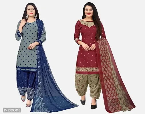 Elegant Multicoloured Cotton Printed Dress Material With Dupatta For Women Pack Of 2