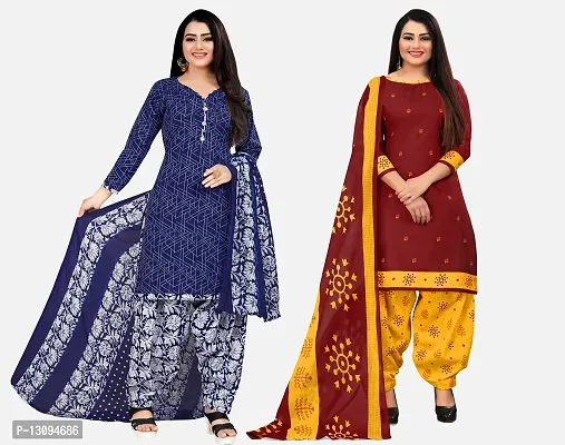 Elegant Multicoloured Cotton Printed Dress Material With Dupatta For Women Pack Of 2