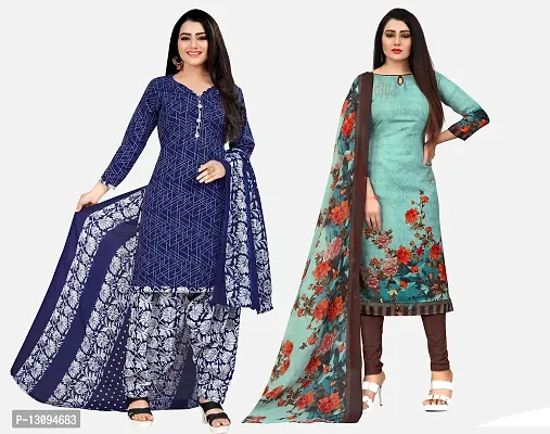 Elegant Multicoloured Cotton Printed Dress Material With Dupatta For Women Pack Of 2