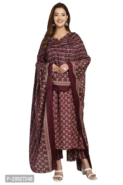 Stylish Purple Printed Cotton Kurta Pant With Dupatta For Women-thumb0